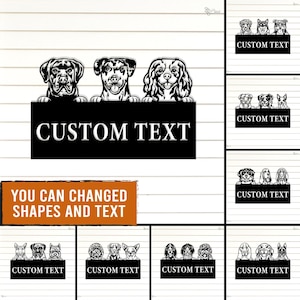 Puede incluir: Letrero en blanco y negro con temática de perros con el texto "CUSTOM TEXT". El letrero presenta tres siluetas de perros encima del texto. También se muestran letreros adicionales con diferentes razas de perros. El texto "YOU CAN CHANGED SHAPES AND TEXT" también es visible.