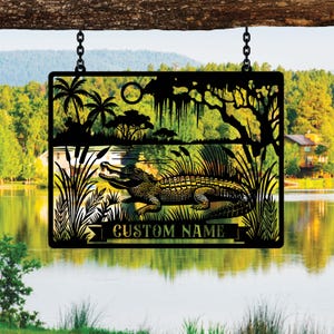 Benutzerdefinierte Alligator Metallwandkunst LED-Licht personifizierte Krokodil-Namensschild Hauptdekor-Kinderzimmer Sumpf-Tierdekoration Lakehouse Zeichen