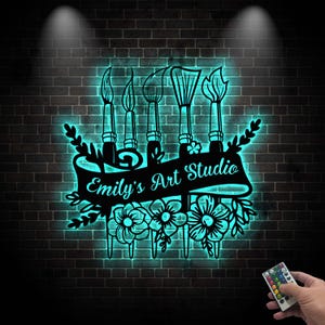 Letrero de metal personalizado para estudio de arte, letrero con nombre de artista personalizado, letrero con nombre de pintor, regalo para amantes del dibujo artístico de metal con pincel de pintura, decoración de estudio de arte