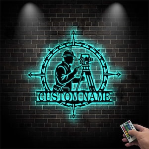 Luces LED de pared de metal personalizadas para ingeniero topógrafo, letrero con nombre de dispositivo geodésico personalizado, regalo para constructor de equipos de construcción y decoración del hogar