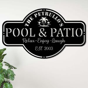 Enseigne personnalisée pour piscine et terrasse, métal décoratif pour terrasse, enseigne pour terrasse pour piscine familiale, mur de terrasse pour jardin, enseigne nom de famille, métal pour extérieur, terrasse personnalisée