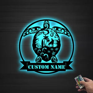 Custom Surfing Sea Turtle Metal Wall Art LED Light Personalized Surfer Name Sign Home Decor Beach House Decoration Birthday Gift for him