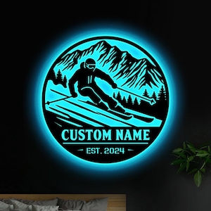 Personalized Snow Skiing Metal Sign LED Light,Skiing Metal Wall Art, Snow Skier Name Sign, Skiing Decor, Snow Skiing Sign, Snow Skiing Lover