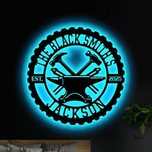 Custom Blacksmith Wall LED Light, Anvil Hammer Decor, Workshop Wall Sign, Man Cave Tool Decor, Gift for dad,Blacksmith sign, Hammer art sign