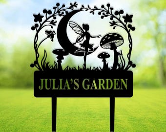 Letrero metálico personalizado de hadas para jardín, letrero para jardín de flores, estaca para jardín de hadas, decoración para jardín al aire libre, arte metálico para jardín de hadas, regalo para jardineros.