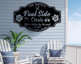 Personalized Family Poolside Oasis Sign,Backyard Oasis Metal Sign, Sign for Pool, Tiki Bar Decor,Pool sign Outdoor Sign,Patio Decor Dad Gift