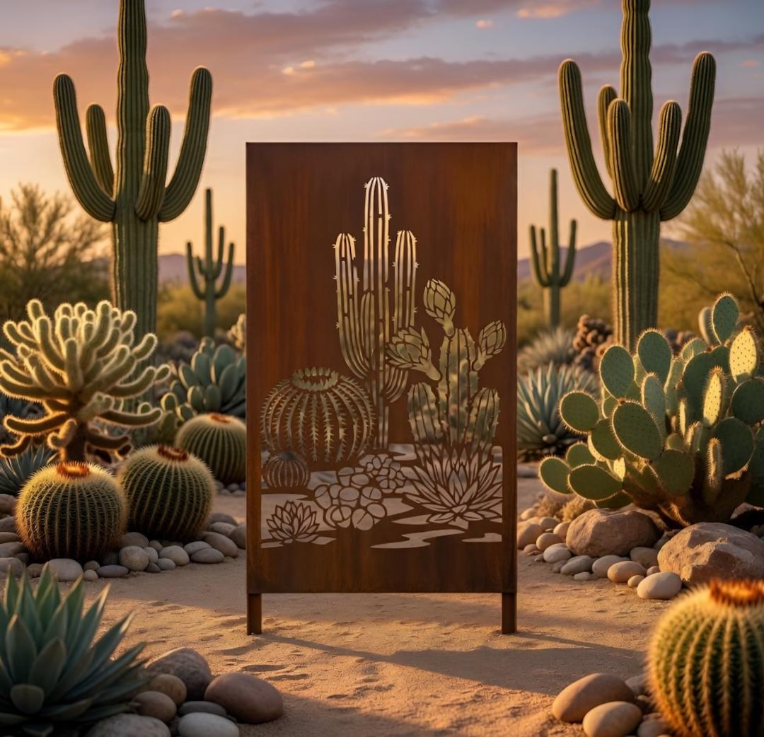 Desert Cactus Metal Garden Panel, Rustic Outdoor Wall Art, Southwestern ...