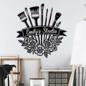 Arte mural metálico personalizado para estudio de pintura, letrero personalizado para estudio de arte, letrero con nombre de pintor, letrero con herramientas de artista, regalo para profesores, regalos para amantes del dibujo