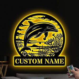 Aangepaste metalen dolfijnbord met led-licht, gepersonaliseerde dolfijn metalen muurkunst, dolfijnbord decor strandhuis, dolfijnliefhebbers cadeau kerstcadeau