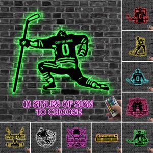 Art mural personnalisé en métal de hockey sur glace, lumière LED, enseigne de hockey en métal personnalisée, décoration d&#39;intérieur, décoration de chambre d&#39;enfant, cadeau de Noël, cadeau de joueur de hockey
