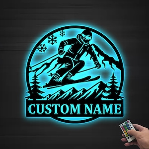 Custom Skiing Metal Sign LED Light,Birthday Gift,Ski Home Decor,Snow Skiing Sign Personalized Skiing Wall Decor, Skiing Metal Art,Skier Gift