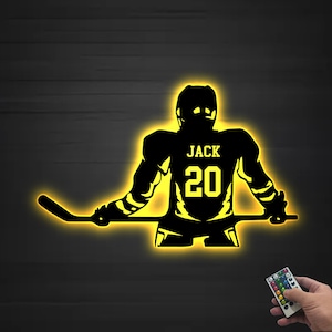 Lampe LED personnalisée hockey en métal, plaque hockey, plaque nominative pour joueur de hockey, plaque homme des cavernes, décoration de salle de jeux, cadeau amateur de hockey, cadeau unique