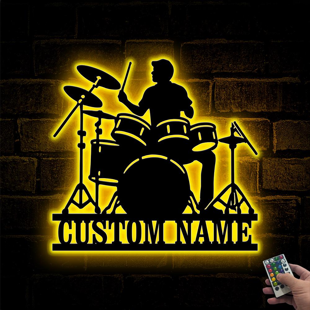 Drummer Sign Custom Drummer Male Metal Wall Art Led Light, Drummer Name Sign Drum ...