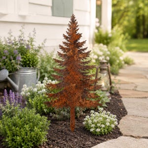 May include: A flat, two-dimensional metal garden stake shaped like a coniferous evergreen tree. The surface has a textured, weathered, reddish-brown rust patina finish. The tree features a pointed top and layered, jagged branches tapering outward.