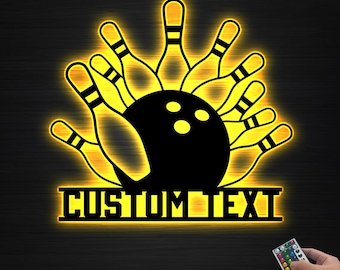 Cartello in metallo personalizzato per bowling, luci a LED, birilli e palla da bowling, arte murale in metallo, regalo per giocatore di bowling, regalo di compleanno per Natale, cartello per bowling, decorazione per sala giochi