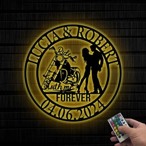 Personalized Couple Motorcycle Metal Sign with Led Light, Bride & Groom With Motorbike Biker Couple Dirt Bike Anniversary Gift Ride Together