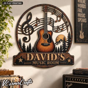 May include: A circular wall sign featuring a brown acoustic guitar, a treble clef, musical notes, a mountain landscape, and pine trees. A rectangular plaque attached at the bottom displays the text DAVID'S MUSIC ROOM with two stars.
