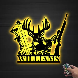 Custom Deer Hunter Metal Sign, Personalized Bow and Hunting Rifle Sign, Deer Hunting Sign Wall Hanging, Hunter Gift, Cabin Sign,Gift for dad