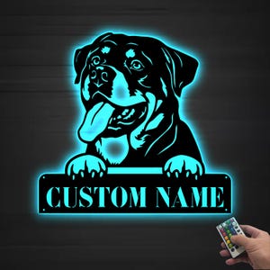 Personalized Rottweiler Metal Wall Art LED Lights, Custom Dog Lover Name Sign Home Decor Kids Nursery Pet Decor Birthday Gift Christmas Gift
