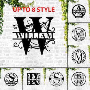 May include: Black metal family name signs with various designs. One sign features the name "WILLIAM" with decorative flourishes. Other signs include the names "ANDERSON", "SMITH", "RICHARDSON", and "BROWN", along with the text "EST.2025" and "WELCOME". The text "UP TO 8 STYLE" is also visible.