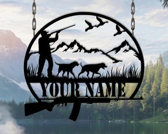 Custom Hunting Metal Sign, Personalized Hunter and Dog Wall Art, Cabin Decor Gift, Wildlife decor,Custom hunt sign, Gift for dad,Hunter Gift