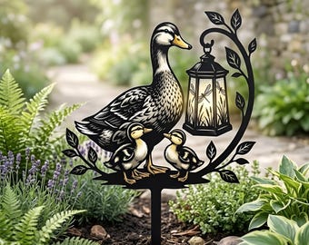 Duck Family Garden Stake Metal Art, Mother Duck Ducklings Outdoor Decor, Rustic Yard Ornament