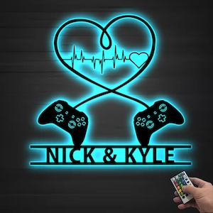 Personalized Gaming Couple Metal sign LED lights, Heart Game Controller, Gifts for Couple, Video game Custom Name Metal wall art, Game Room