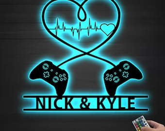 Personalized Gaming Couple Metal sign LED lights, Heart Game Controller, Gifts for Couple, Video game Custom Name Metal wall art, Game Room