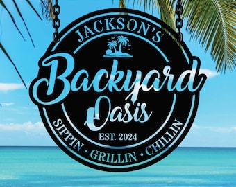 Personalized Backyard Pool Metal Sign, Outdoor Decor, Pool Signs for Outdoor, Custom Backyard Bar And Grill Sign Decor Poolside Oasis Sign