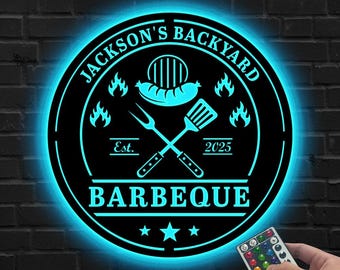 Anpassad BBQ LED-skylt, personlig grillvägg i metall, väggdekoration för trädgårdsgrill, present till pappa, grillmästares trädgårdsdekoration, BBQ neonskylt
