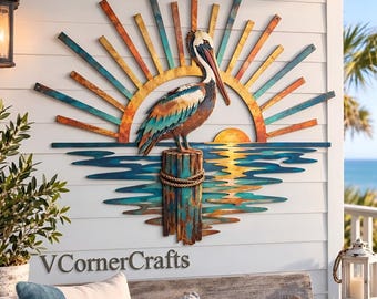 Pelican Ocean Metal Art, Coastal Wall Decor, Beach Sunset Wall Hanging, Nautical Porch Decoration, Seaside Gift