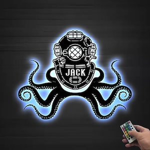 Custom Diving Helmet Metal Wall Art LED Light Personalized Scuba Helmet Name Sign Home Decor Beach Nursery Decoration Birthday Xmas Gift