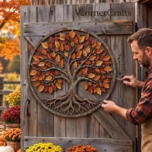 May include: A circular metal wall art piece featuring a tree with intricate branches, roots, and numerous autumn-coloured leaves in shades of orange, red, and brown. The artwork is mounted on a rustic wooden door with the text VcornerCrafts visible.