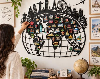 Metal World Travel Map, Magnet Souvenir Collection Display, Global Adventure Wall Decor, Travel Keepsake Gift