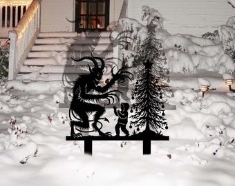 Christmas Krampus Scene Silhouette Metal Sign Metal Yard Stake Yard Decor garden art, Christmas decor, Xmas Gift,Krampus Art Pine tree Decor