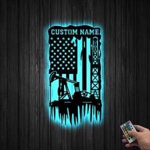 Custom Oil Rig with Flag Metal Sign LED Light, Oil Rig Sign, Oilfield Wall Art, Oil Derrick Metal Wall Art, Oilfield Worker Gift Dad GIfts