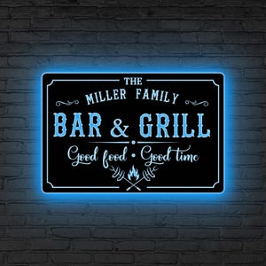 Insegna LED personalizzata per bar e grill, nome di famiglia personalizzato, regalo per papà, insegna per bar e grill, bar per uomini, insegna per grill, insegna per grill house, regalo per la casa