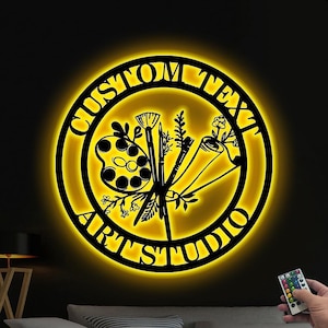 Letrero de estudio de arte personalizado con luz LED, letrero de metal para pintar, letrero con nombre de artista, regalo para profesor de arte, letrero de metal con herramientas para artistas, regalo para amantes del dibujo