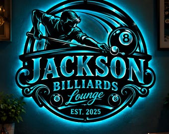 Custom Billiards LED Wall Art, Personalized Pool Player and 8 Ball Metal Sign, Blue Backlit Man Cave Decor, Game Room Gift for Dad