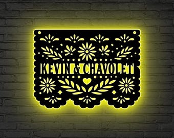 Custom Papel Picado Metal Sign Led Light, Dia de los Muertos Decor, Papel Picado Wall Art, Mexican Family Name Sign, Wedding Gift,Home Decor