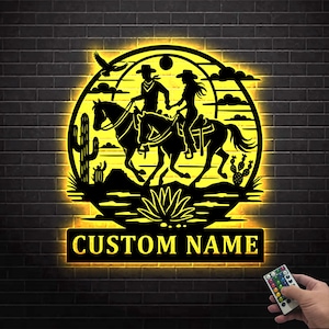 Benutzerdefinierte Cowboy Cowgirl Paar Metall Wand Kunst LED-Licht, Familie Name Zeichen, Cowboy Zeichen, Metall Reitpferd Zeichen, Hochzeitsgeschenk, Paar Geschenk
