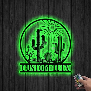 Personalisierte Kaktus Metallwanddekor LED-Lichter, westliche Metallkaktuswand, große Metallwandkunst, westliches Dekor, Wüstenkaktus, Kaktusliebhaber