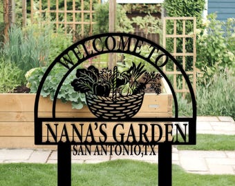 Custom Gartenschild aus Metall, Gartenstecker für Oma, Geschenk für Mutter, Gemüseschild, Pfahl mit Korbschild, Gartendeko Geschenk