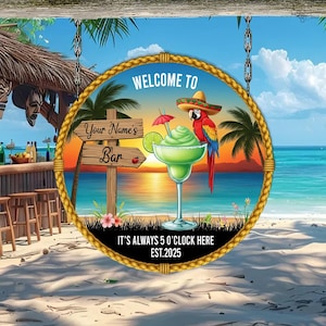 Custom Tiki Bar Sign, Tropical Parrot & Drink Decor, Beach Sunset Parrot Decor, Beach Scene with Parrot, Gift for beach, Backyard bar sign