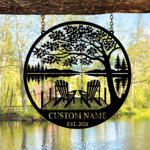Cartello in metallo personalizzato "Lake House", Cartello "Forest Lake", Cartello personalizzato con nome "Lake House", Cartello in metallo per campeggio, Decorazione per Lake House, Decorazione per veranda