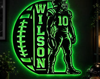 Custom Football LED Wall Sign, Personalized Football Jersey Number and Player Silhouette, Glowing Metal Sports Decor, Football Lover Gift