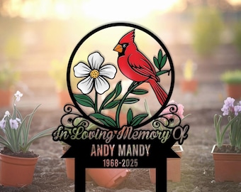 Cartello commemorativo per il giardino del cardinale, Tomba personalizzata del cardinale, Cartello di ricordo, Cardinale e fiore in metallo, Cartello floreale per la tomba, Cartello da giardino del cardinale