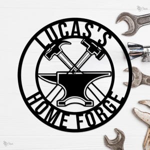 Custom Blacksmith Shop Metal Sign, Personalized Metal Forge Sign, Anvil Hammer Wall Decor, Gift for dad, Rustic Garage Decor,Home Forge Sign