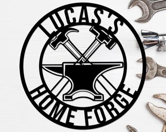 Custom Blacksmith Shop Metal Sign, Personalized Metal Forge Sign, Anvil Hammer Wall Decor, Gift for dad, Rustic Garage Decor,Home Forge Sign