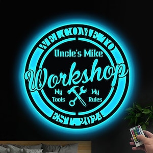 Custom Papa&#39;s Work Shop Sign LED Lights, Workshop Metal Sign, Xmas Gift for Dad Garage Sign, Grandpa Gift Man Cave Decor Workshop Decor